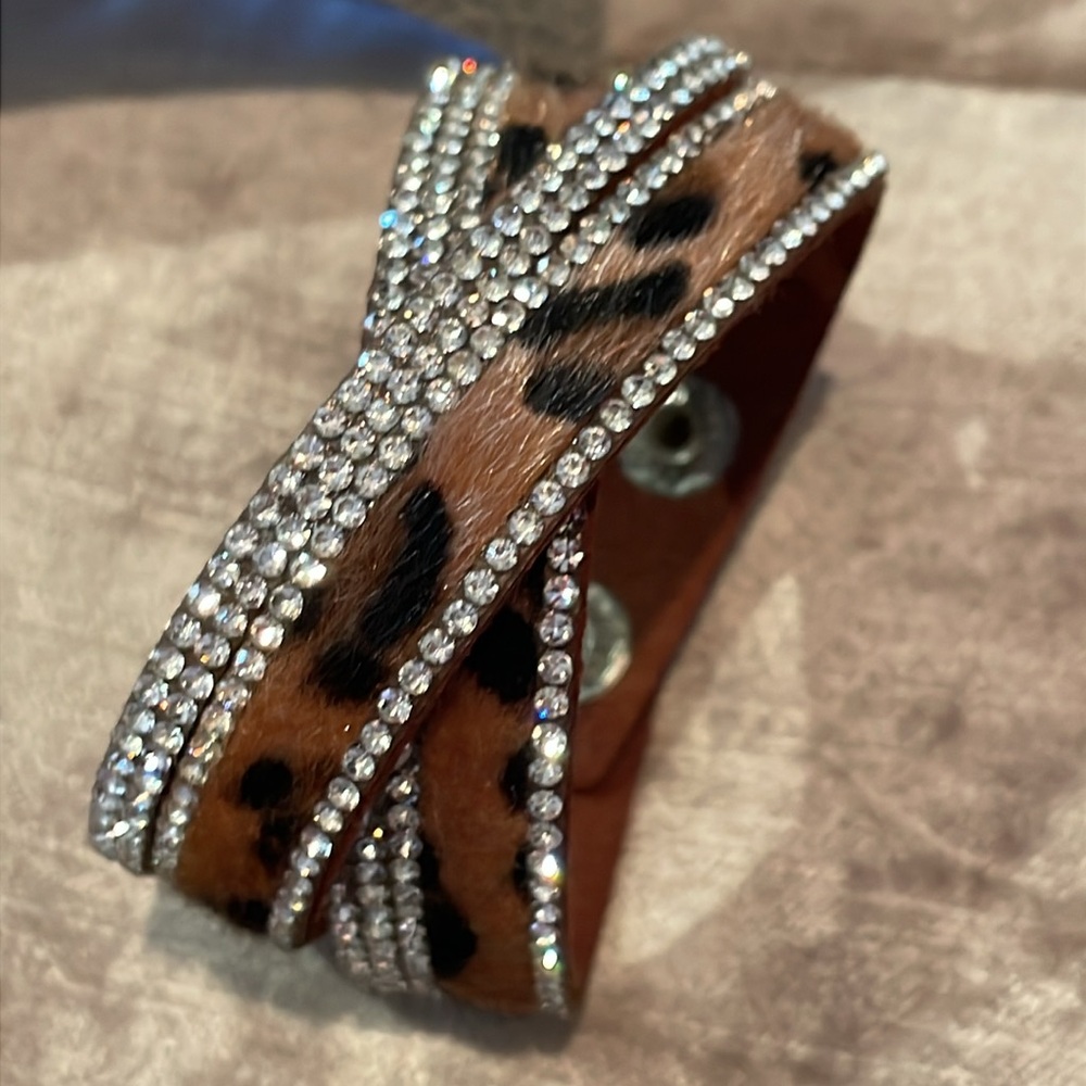Brown and Black Rhinestone Animal Print Wrap Bracelet 15” 7-7.5”